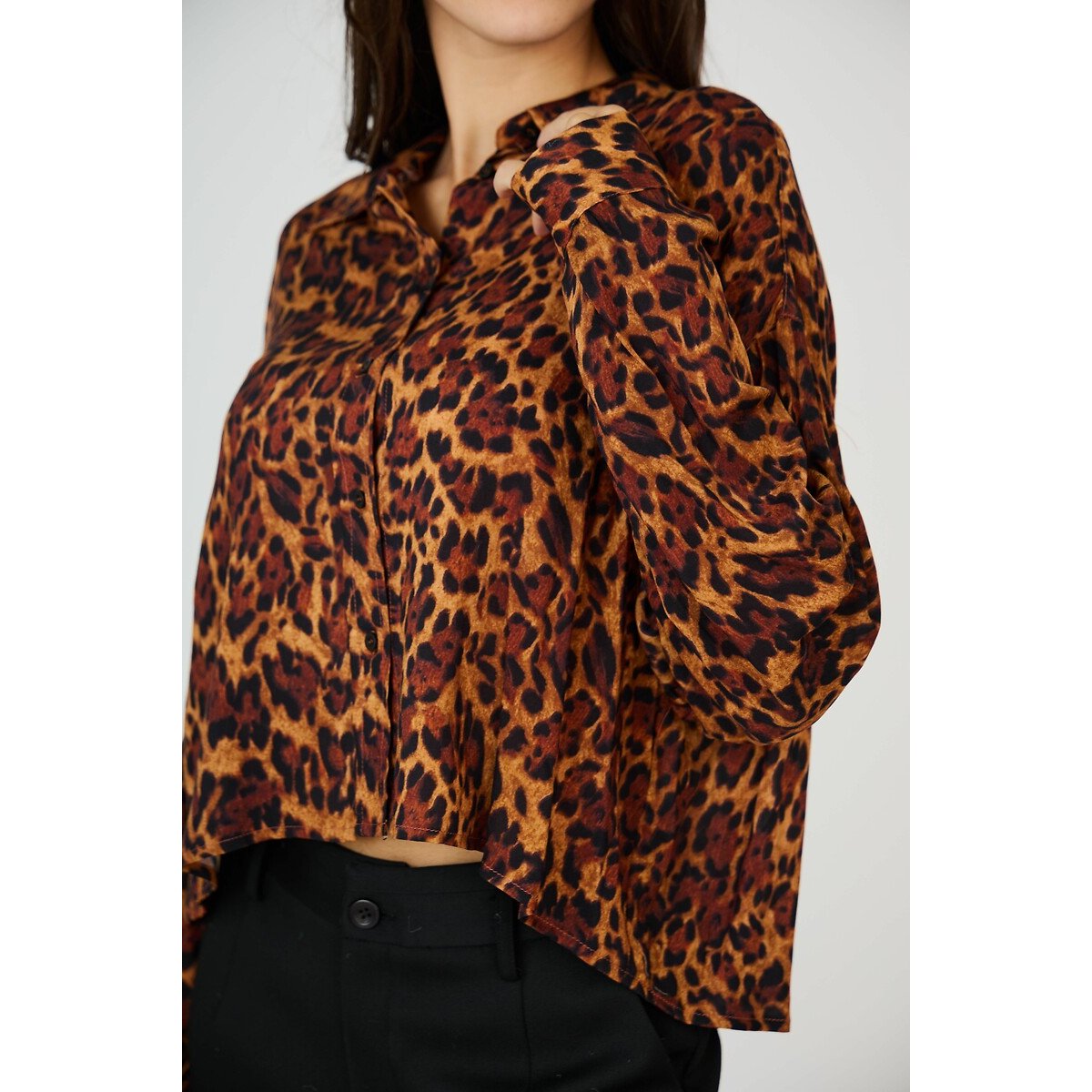 Animal Print V-Neck Blouse brown, SEE U SOON