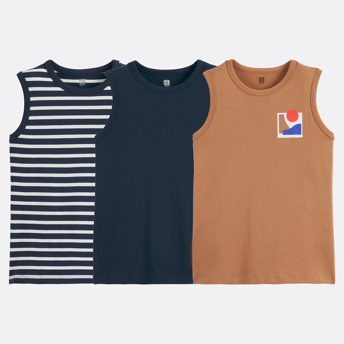Confezione da 3 top blu marino + righe + cammello, LA REDOUTE COLLECTIONS