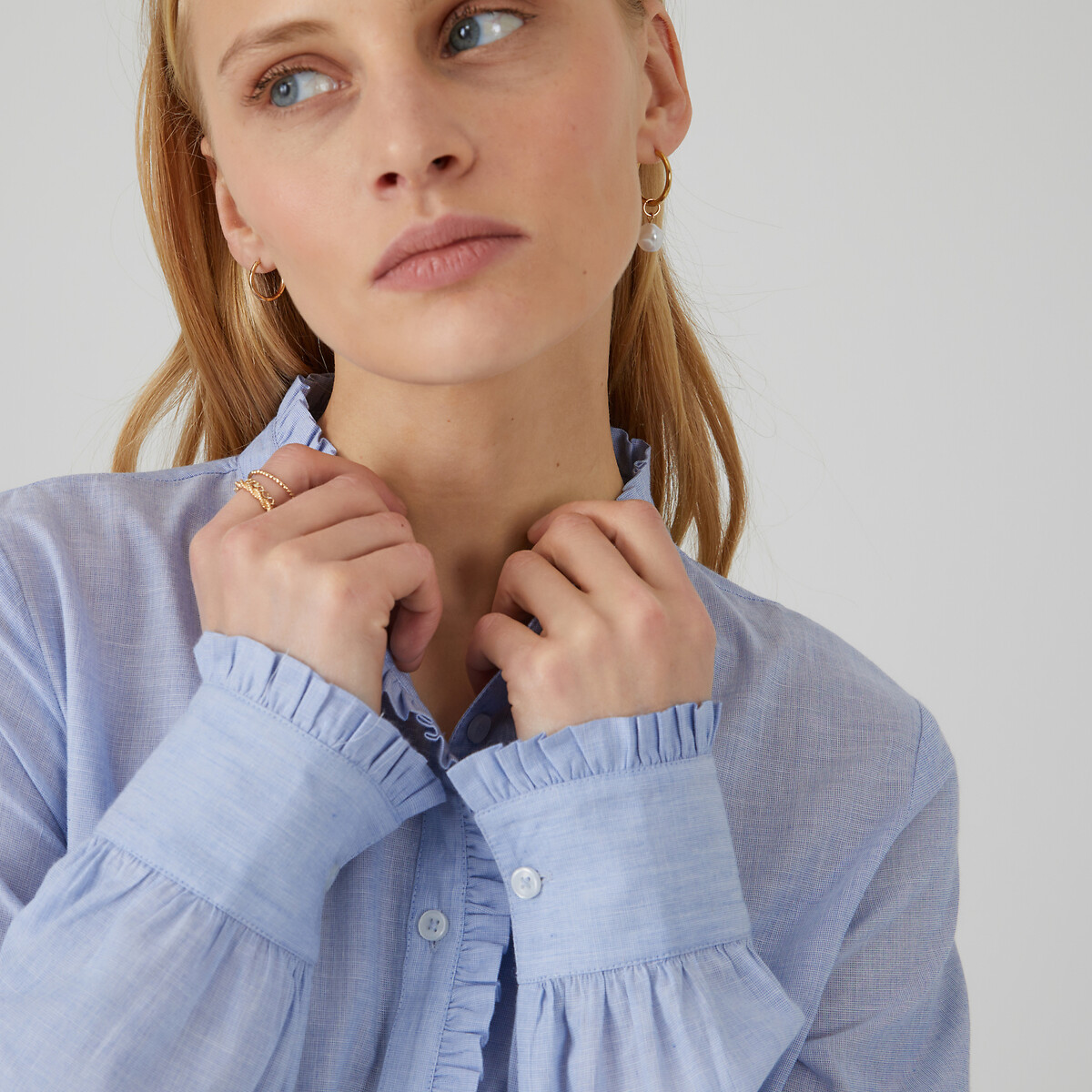 Ruffled High Neck Blouse with Long Sleeves sky blue, LA REDOUTE COLLECTIONS