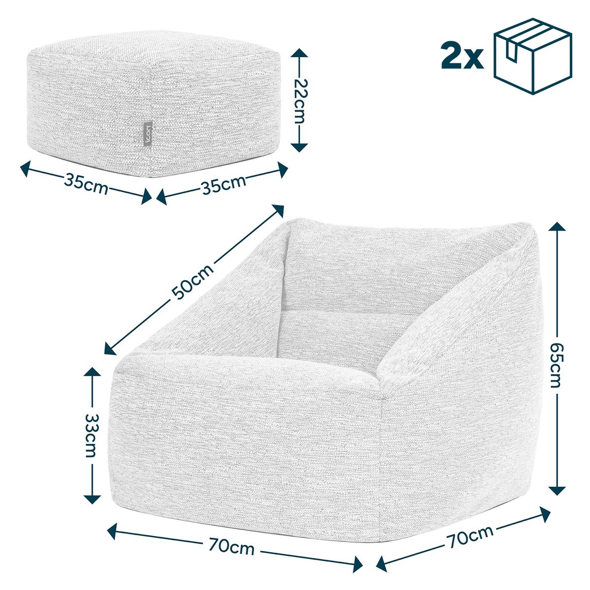 Pouf fauteuil salon et son repose-pied carré en tissu tissé Oeko-Tex® - NATALIA naturel beige, ICON