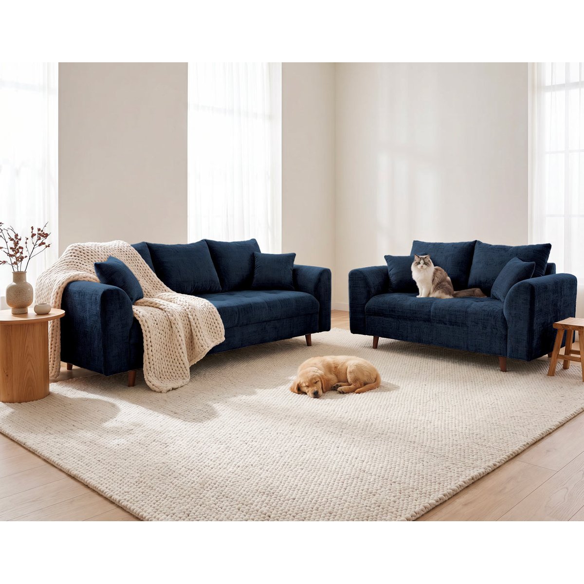 Rune - Ensemble de canapés droits 2+3 places velours texturé bleu, BEST MOBILIER