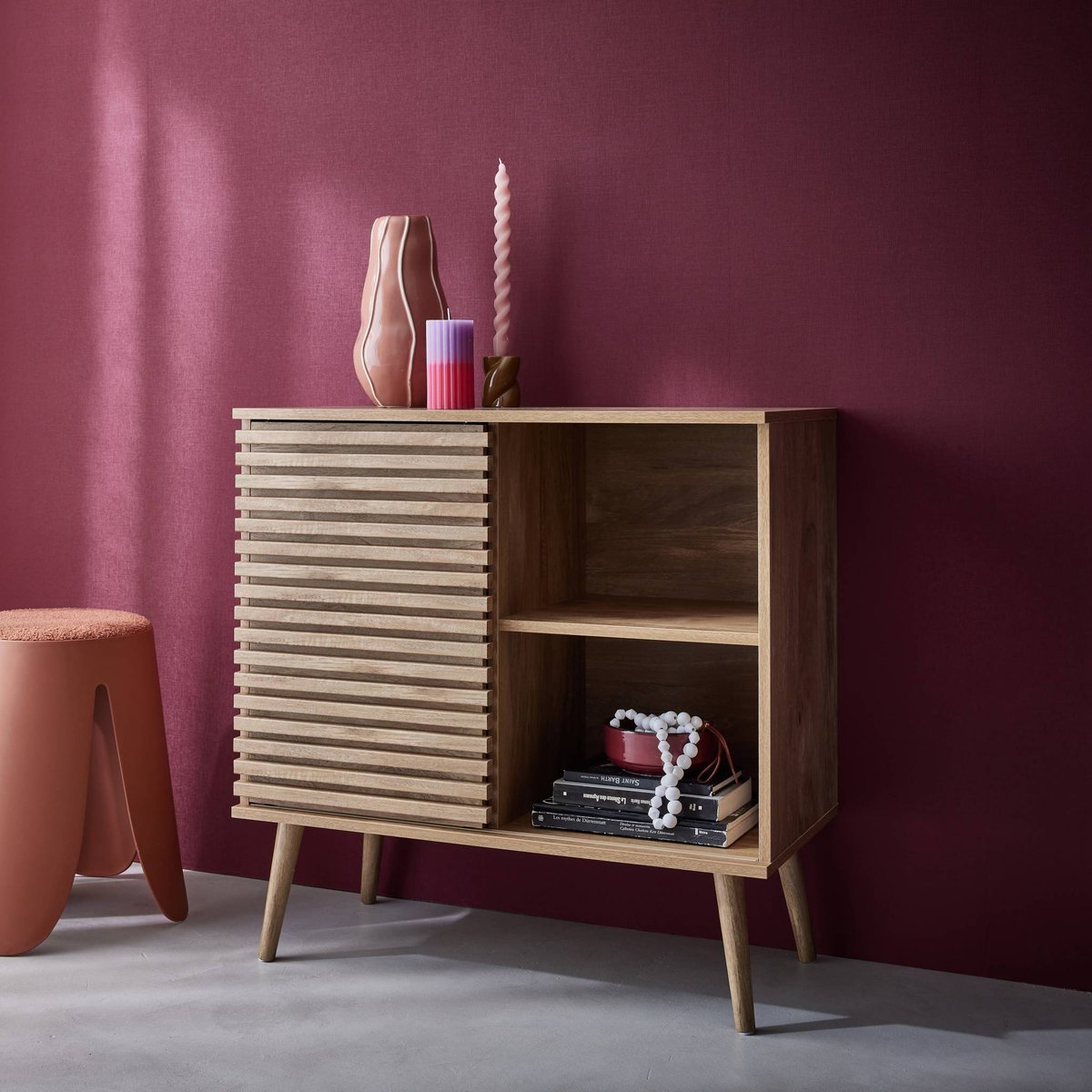 Buffet scandinave décor bois rainuré 1 porte coulissante 80cm MADERE naturel, SWEEEK