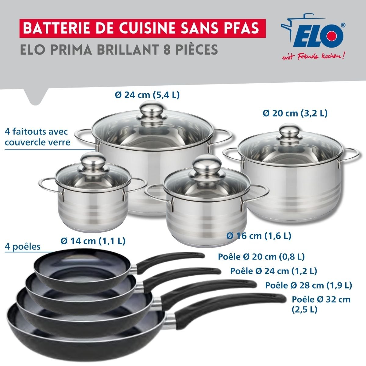 4 poêles 20/24/28/32cm + 4 faitouts 14/16/20/24cm PRIMA BRILLANT noir, ELO