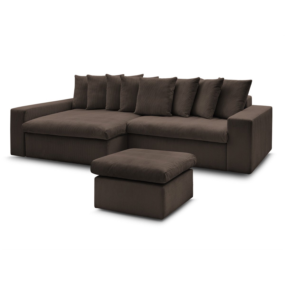 Canapé d'angle fixe 3 places en velours côtelé avec pouf, ENORE marron, BOBOCHIC