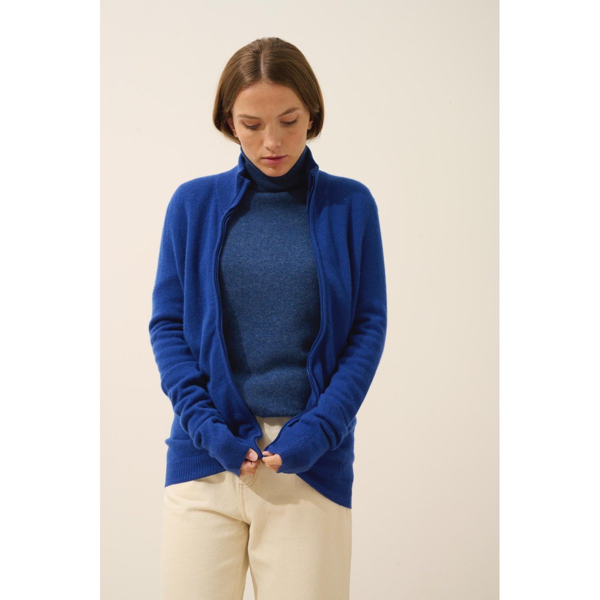 Gilet Zippé Col Montant Outremer Ayr bleu foncé, JUST CASHMERE