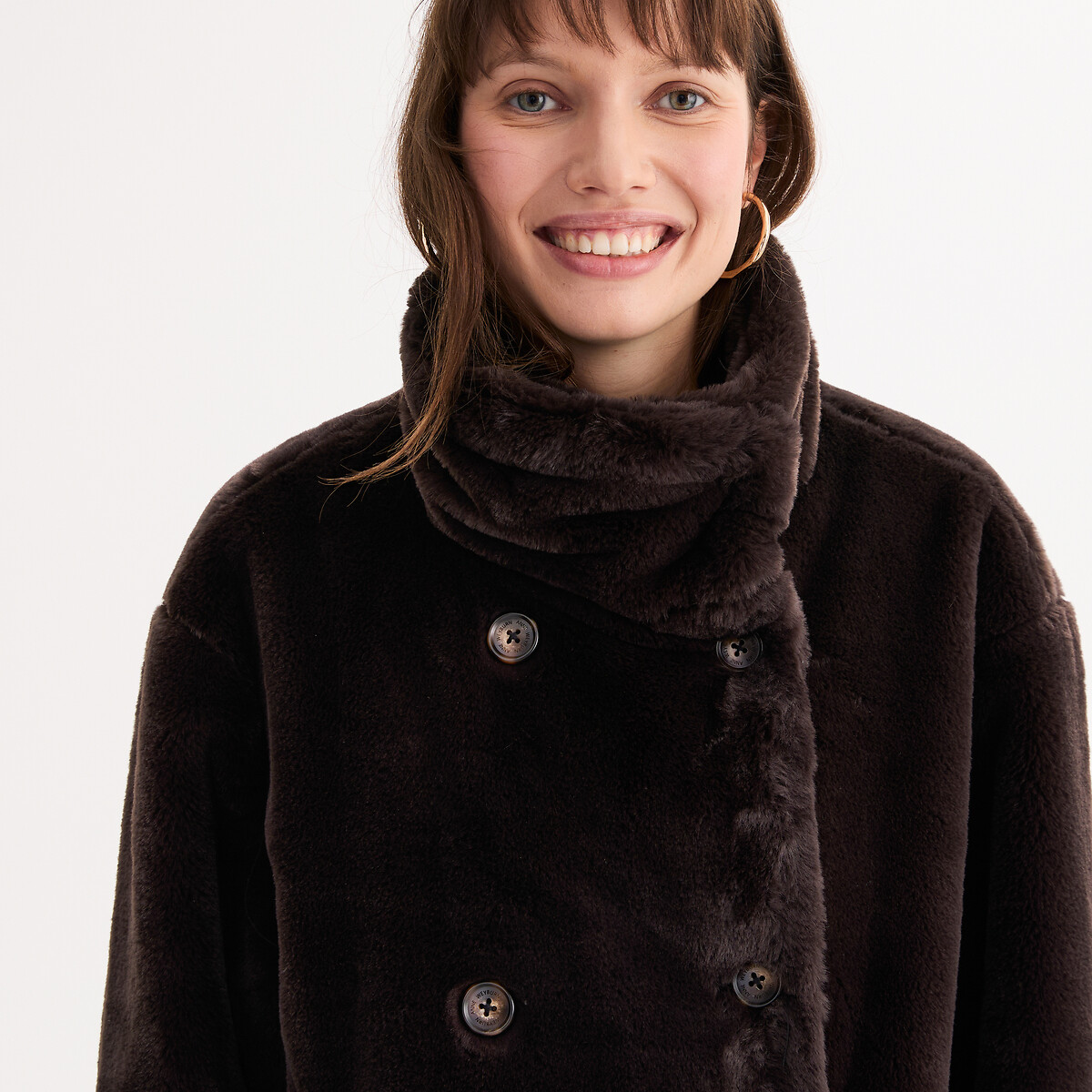 Long Coat in Fluffy Fabric with High Neck and Button Fastening brown, ANNE WEYBURN