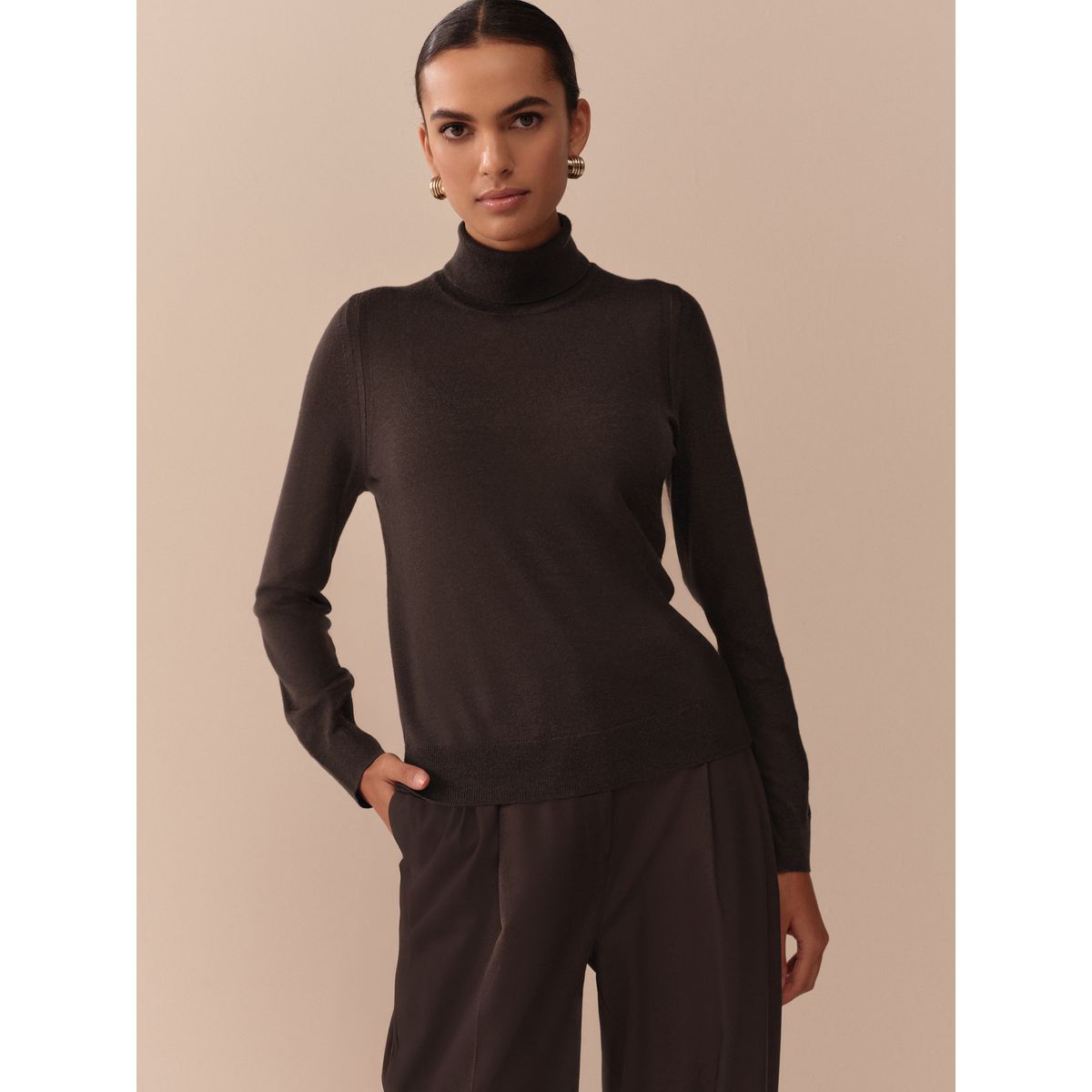 Pull col roulé mérinos n.premium marron chocolat, NEXT