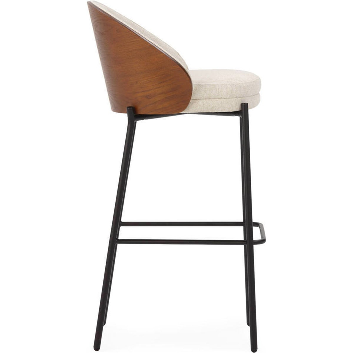 Tabouret haut tissu et dossier en chêne beige, noyer et noir, RECOLLECTION