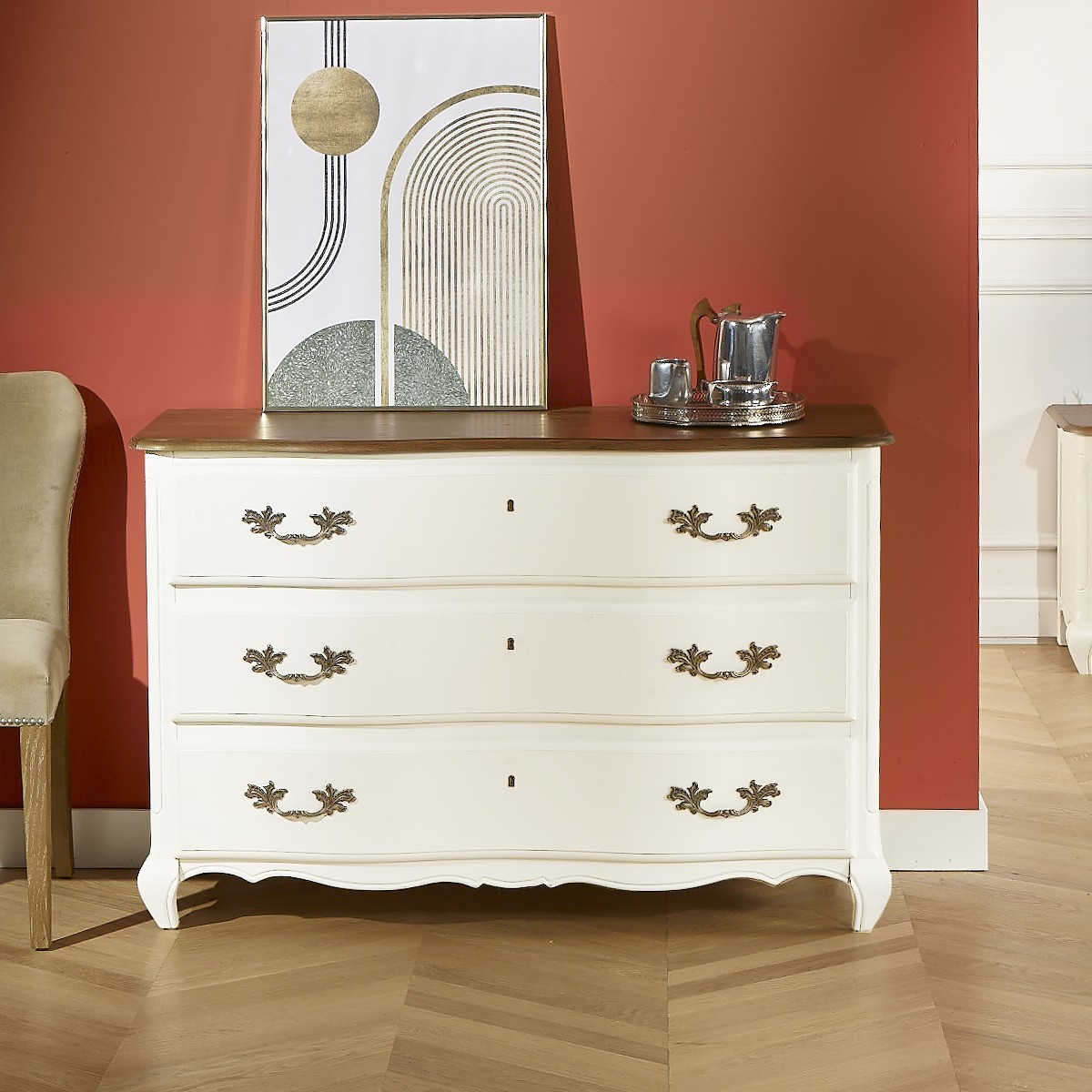 Commode style shabby chic, plateau chêne, 3 tiroirs SERRENA blanc, ROBIN DES BOIS