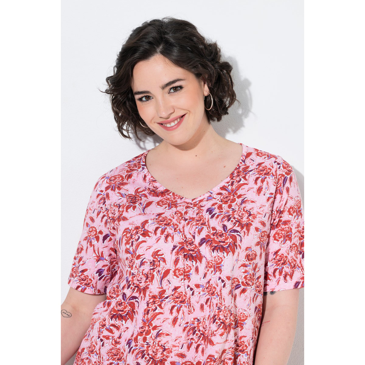 T-shirt motif floral, coupe évasée rose tendre, ULLA POPKEN
