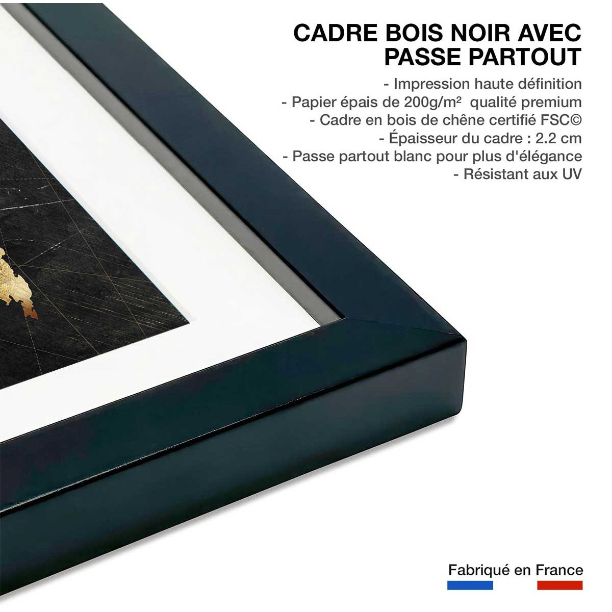 Affiche carte du monde dorée affiche + cadre en bois - noir, HEXOA