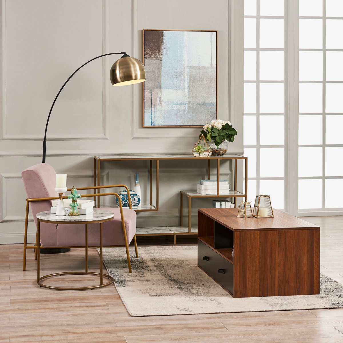 Table Basse Salon Bois Poignée Cuir PU HENRY marron, TEAMSON HOME