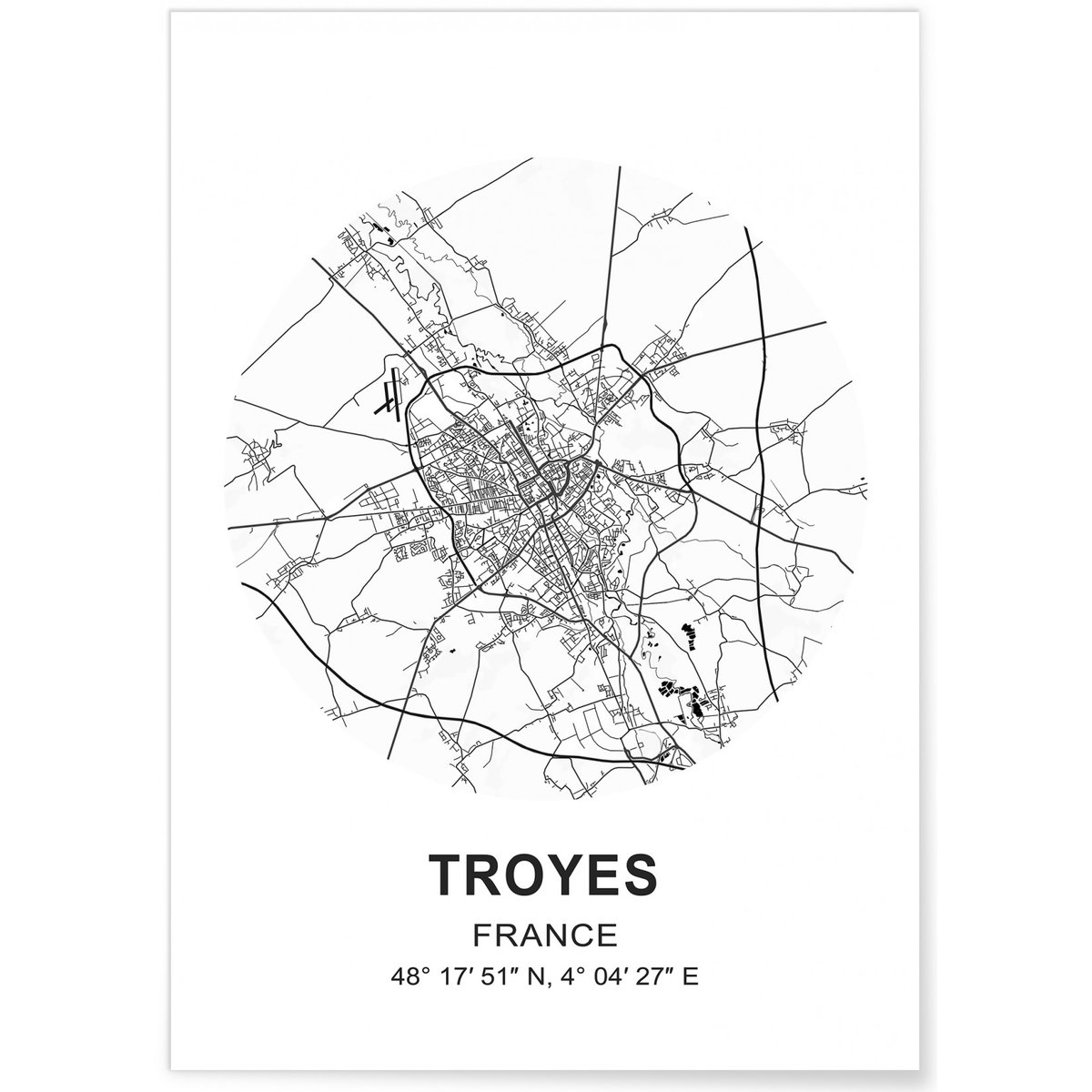 Affiche Carte Troyes blanc, L'AFFICHERIE
