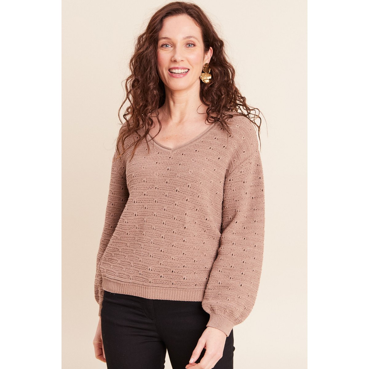 Pull droit long col v manches longues sable, BREAL