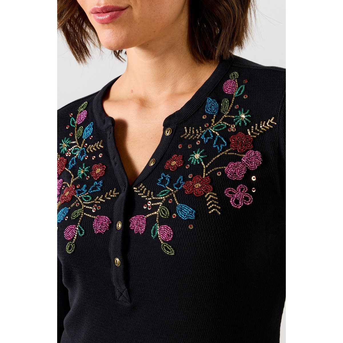 Haut Henley en Jersey à Perles Fleuries noir, JOE BROWNS