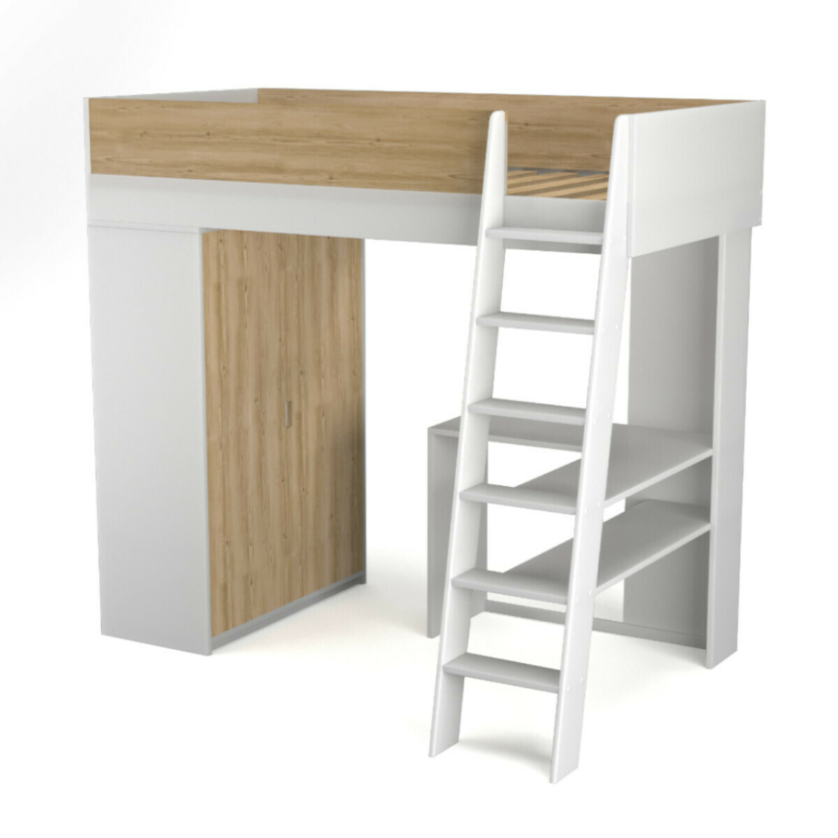 Pack lit mezzanine avec matelas MEMPHIS blanc et bois, AKITEN RETAIL