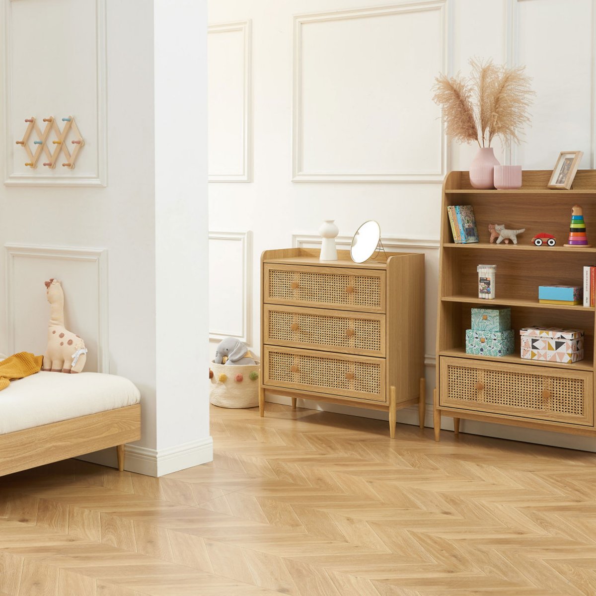 Commode enfant 3 tiroirs en bois et cannage 80cm- LILOU bois clair, DRAWER