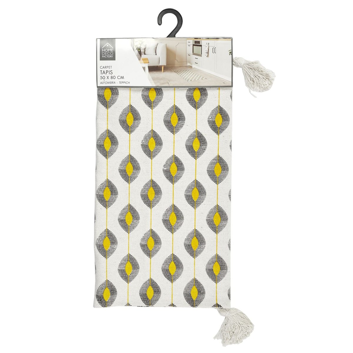 Tapis à pompons à motifs ZESTE jaune, THE HOME DECO FACTORY