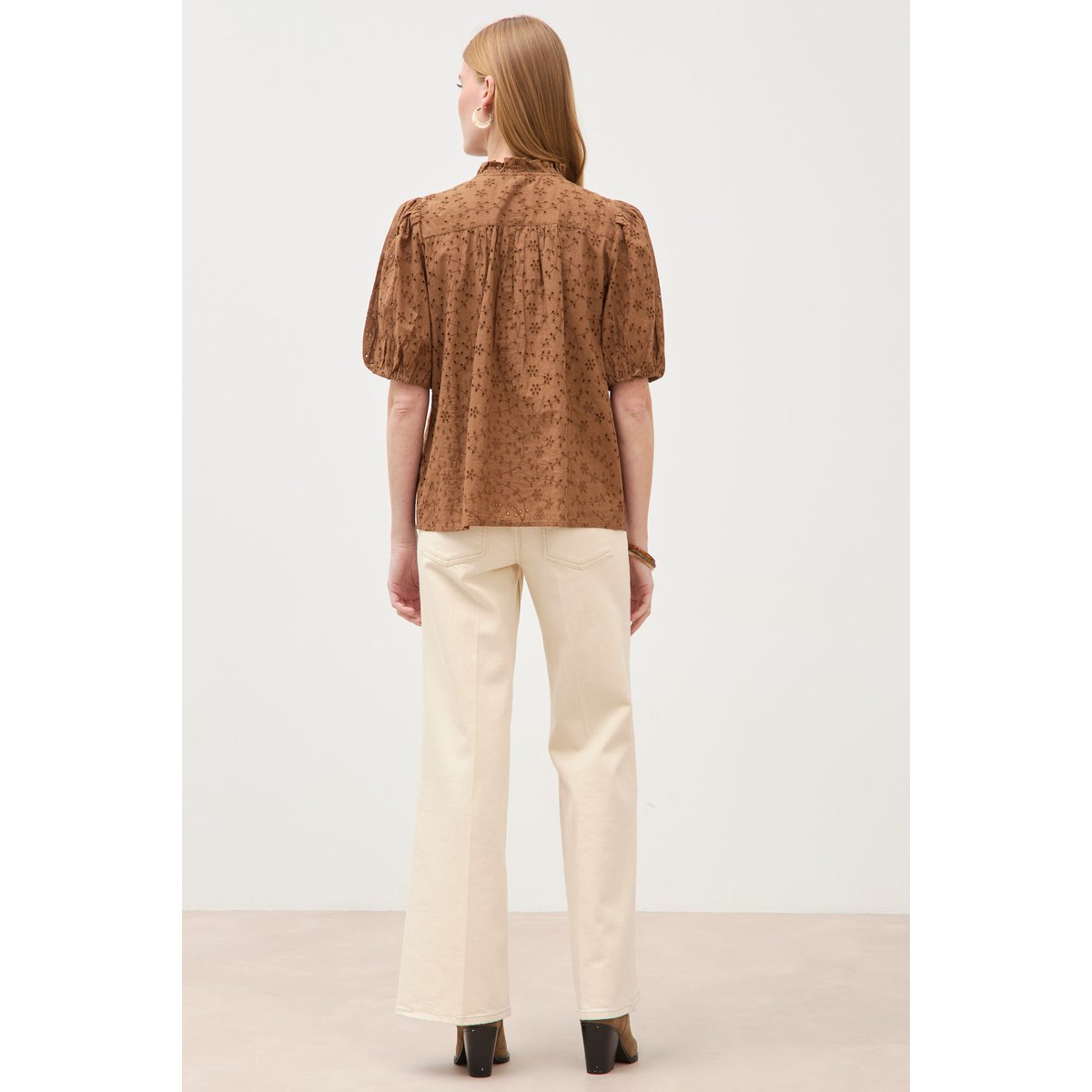 Chemise en coton manches coude marron, BONOBO