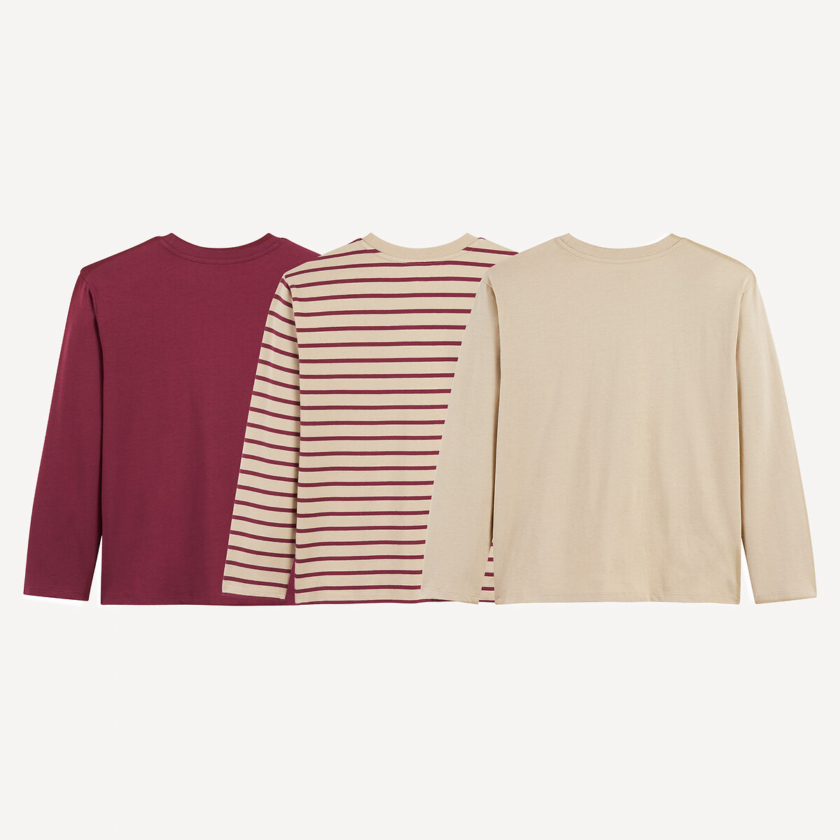 Lot de 3 T-shirts manches longues imprimés bordeaux + beige + rayé, LA REDOUTE COLLECTIONS