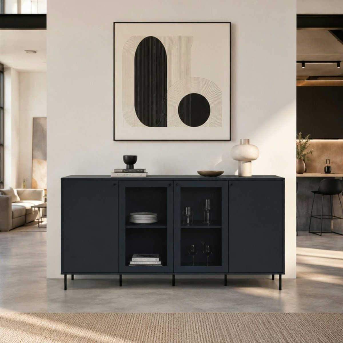 Buffet vitrine moderne bleu sombre 4 portes RAVEN bleu, PIER IMPORT