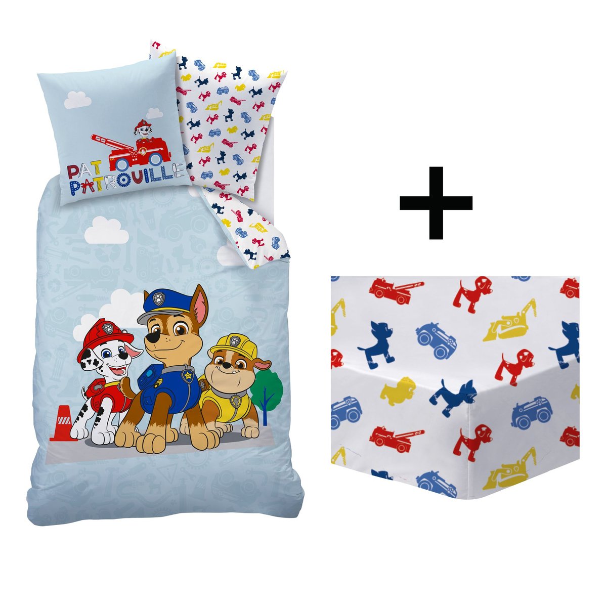 Parure de lit imprimée + drap housse 100% coton, PATBOY bleu, PAT PATROUILLE