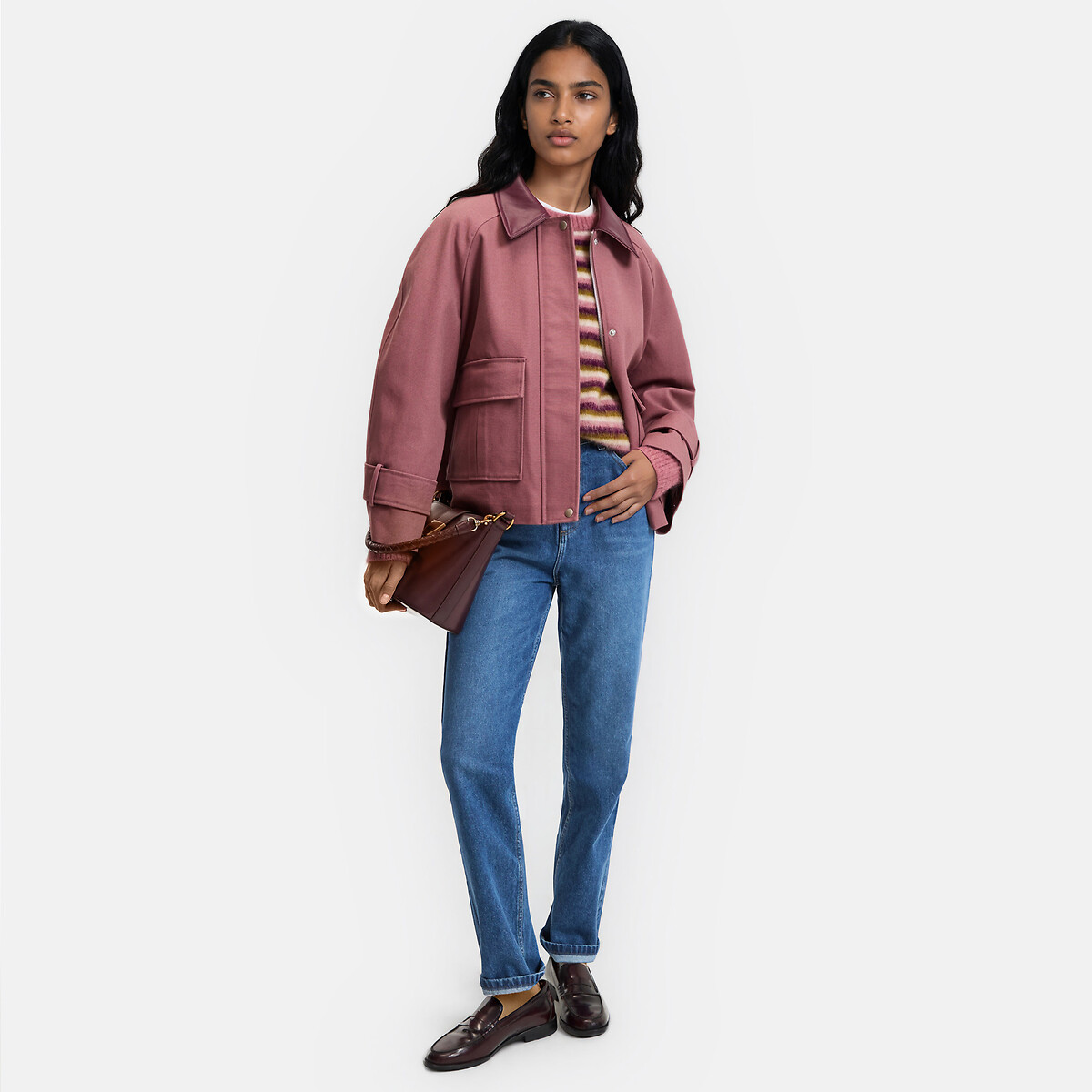 Cotton Jacket with Contrasting Collar dusty pink, LA REDOUTE COLLECTIONS