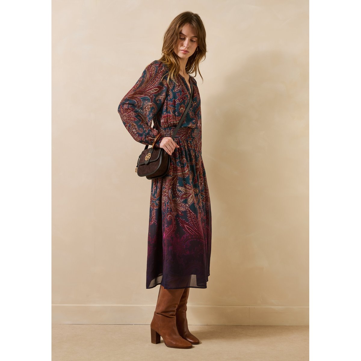 Robe longue à imprimé manches longues petrole, LA FEE MARABOUTEE