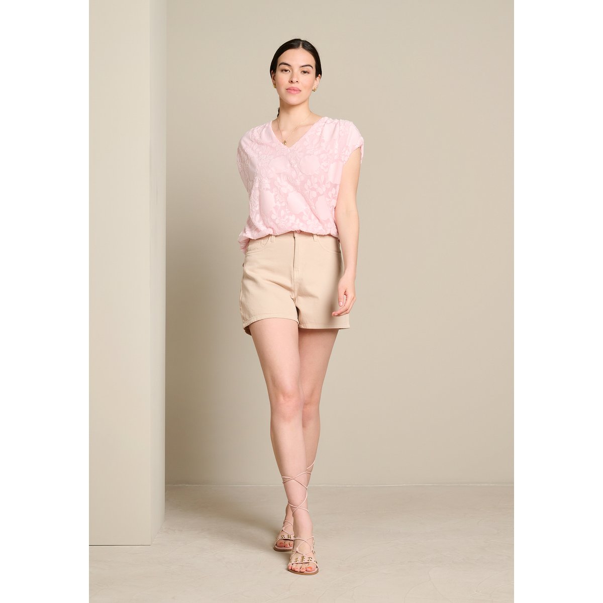 T-shirt jacquard col v rose clair, LOLALIZA