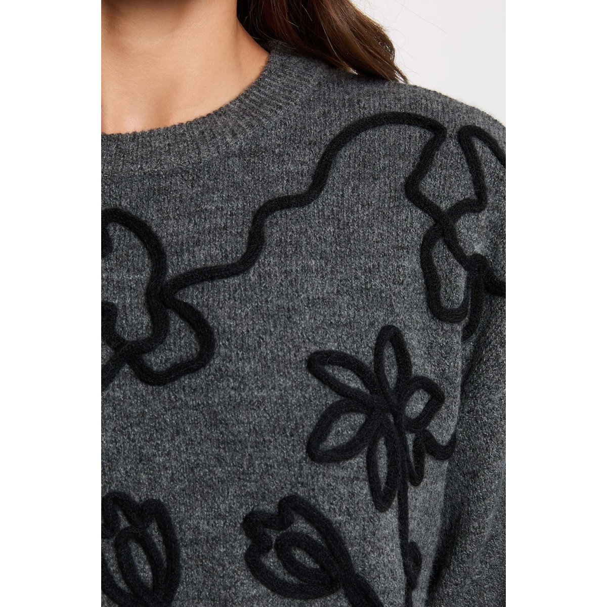 Pull col rond fantaisie gris foncé, MORGAN