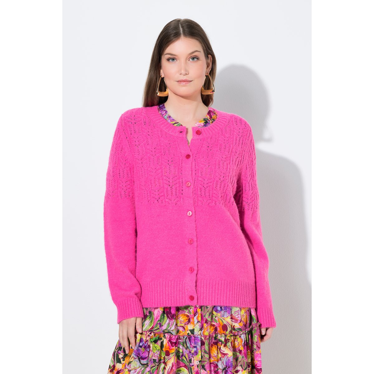 Cardigan col rond et manches longues rose vif, ULLA POPKEN