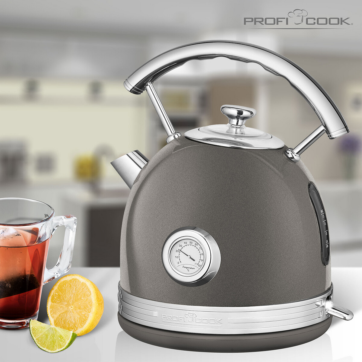 Jarro elétrico cinza vintage, 2200W, da Proficook cinzento, PROFICOOK