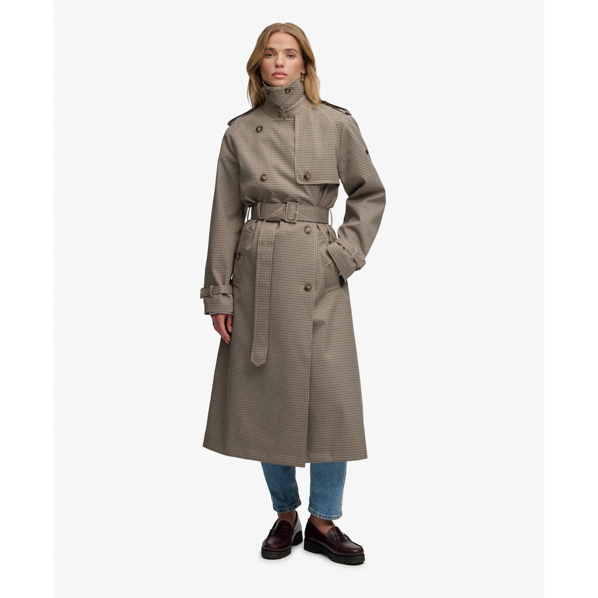 Trench-coat à micro-carreaux pied-de-poule brun micro, SUPERDRY