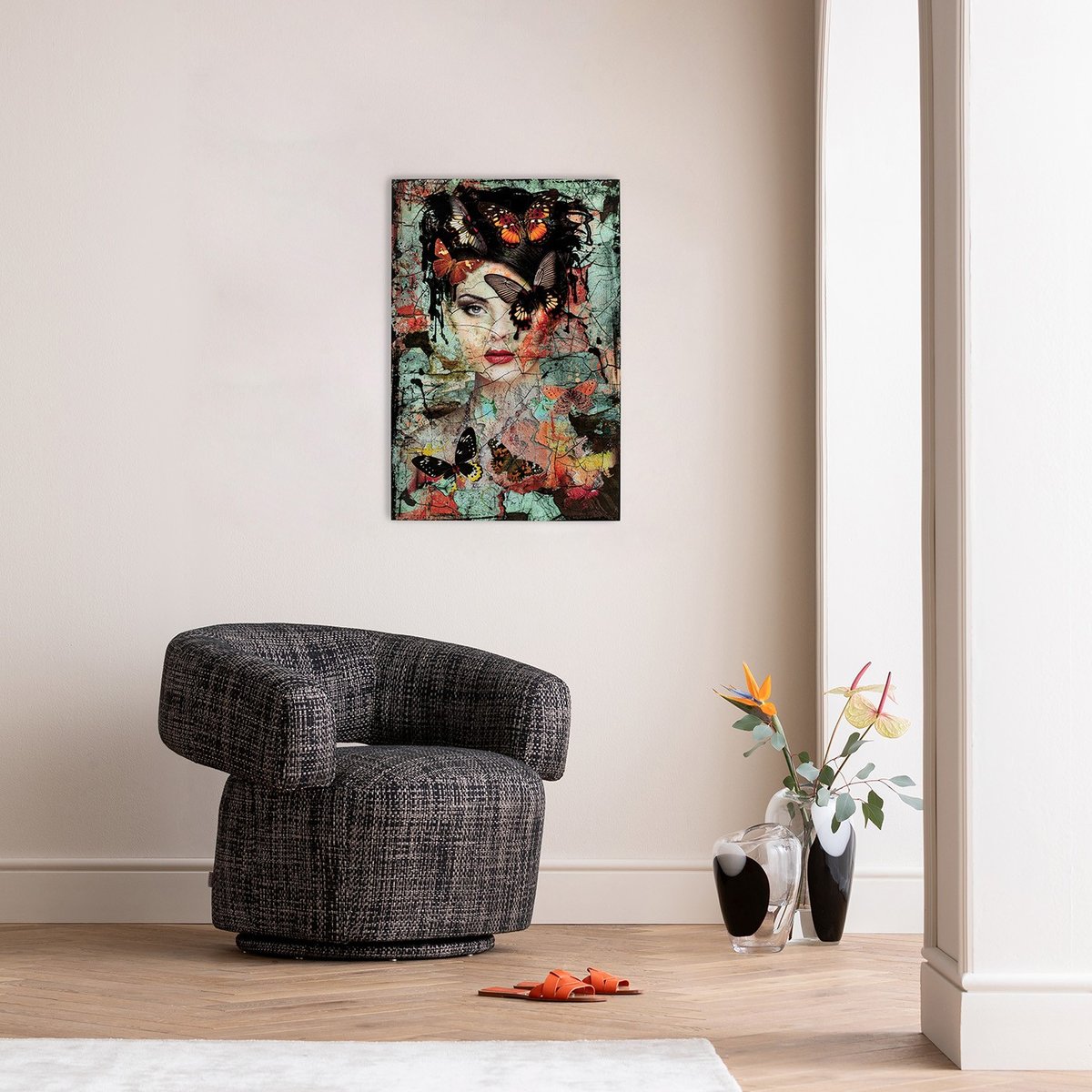 Tableau en verre femme papillons effet brisé multicolore, KARE DESIGN