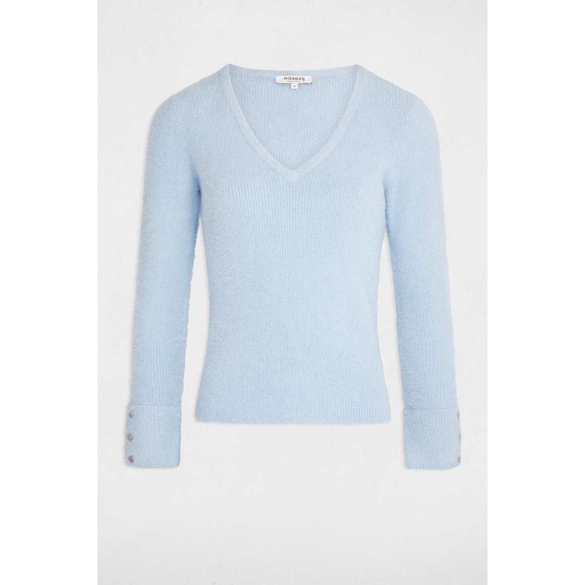 Pull col V en fine maille bleu moyen, MORGAN