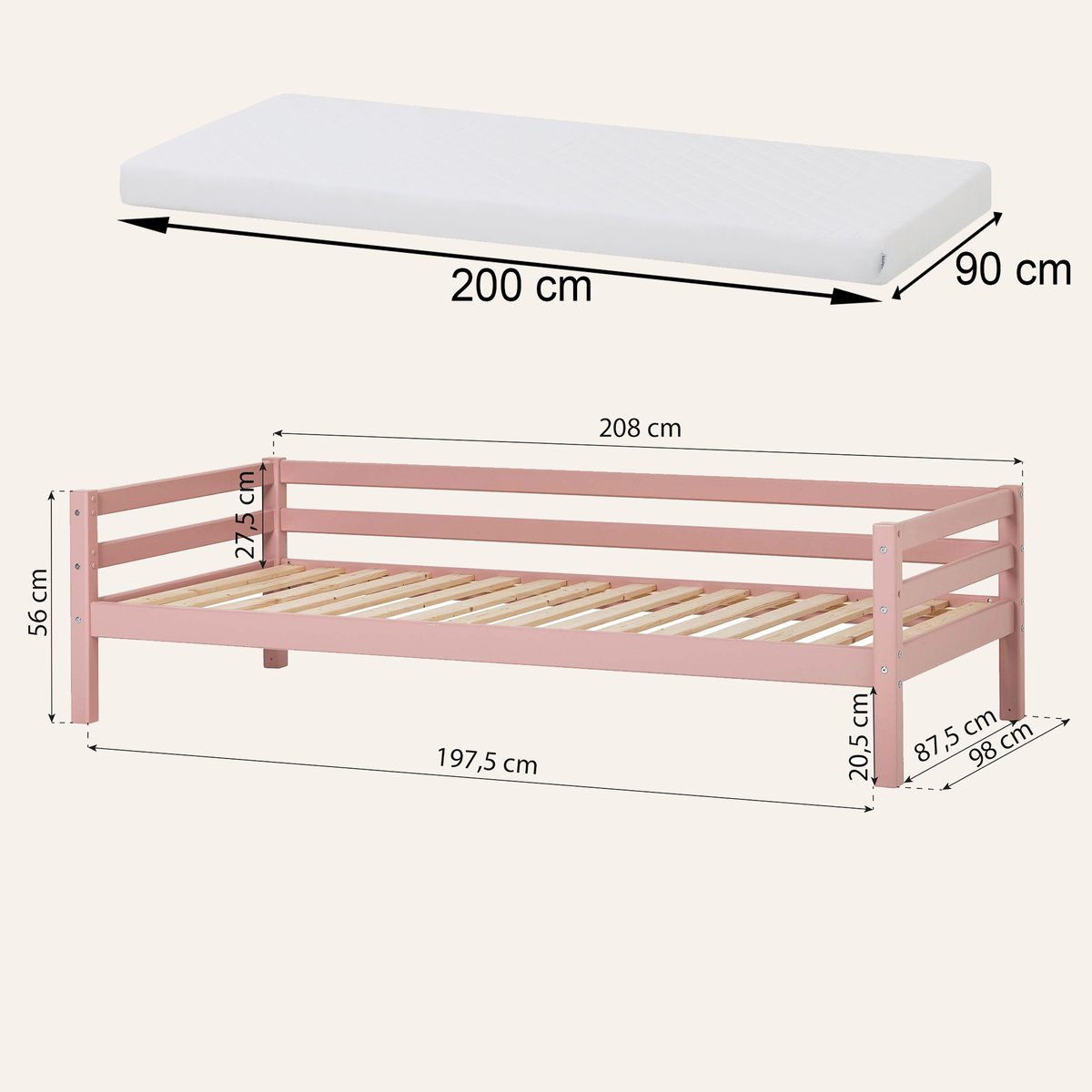 Lit Simple pin massif ECO DREAM rose pâle, HOPPEKIDS