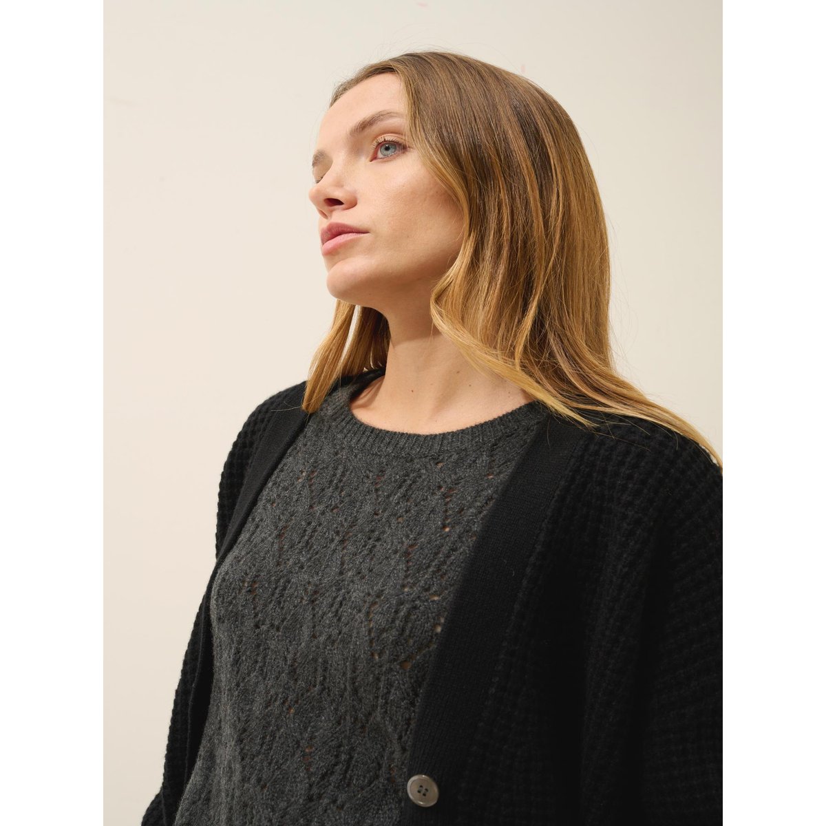 Cardigan Col V 6 Fils Noir Clara noir, JUST CASHMERE