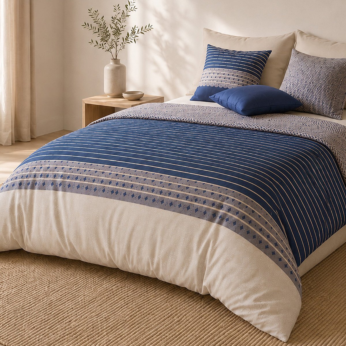Parure de lit en percale de coton rayures horizontales, BLEVARIS multicolore, ATELIER DU COTON