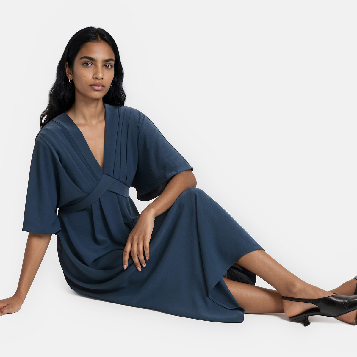 Robe longue évasée, col V, manches aux coudes bleu marine, LA REDOUTE COLLECTIONS