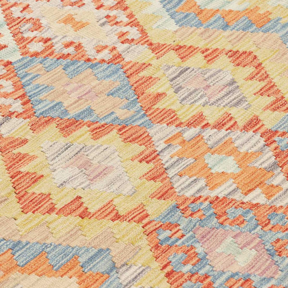 Tapis kilim, motif géométrique artisanal en laine, KILIM 85 multicolore, bleu, orange, UN AMOUR DE TAPIS