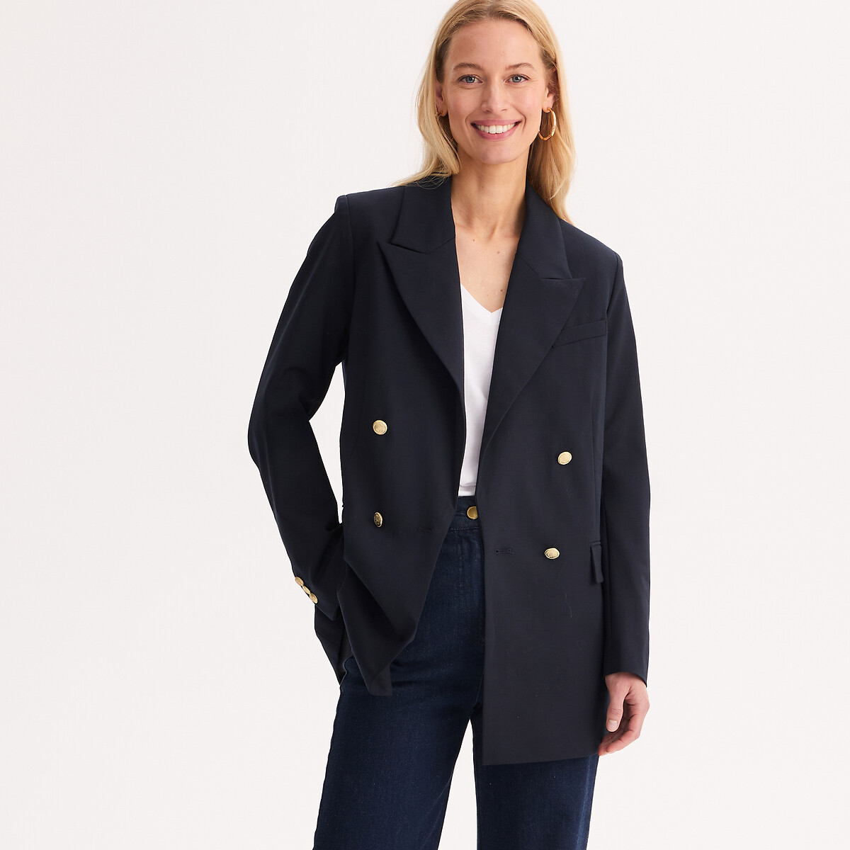Blazer en laine mélangée, coupe droite marine, ANNE WEYBURN