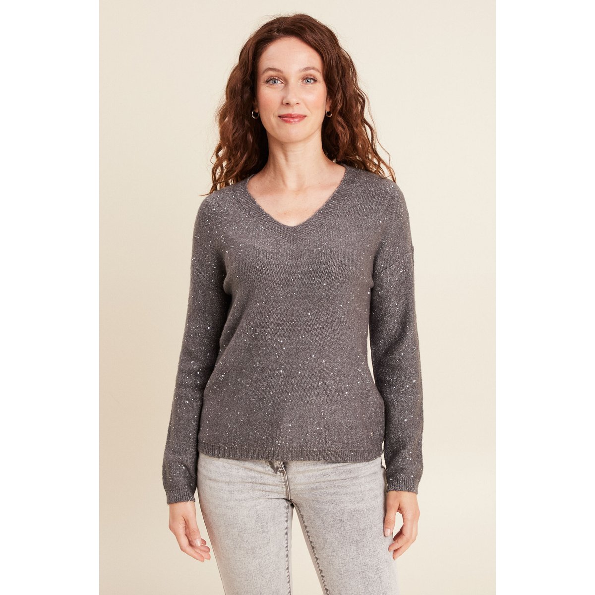 Pull col v manches longues à sequins gris foncé, BREAL