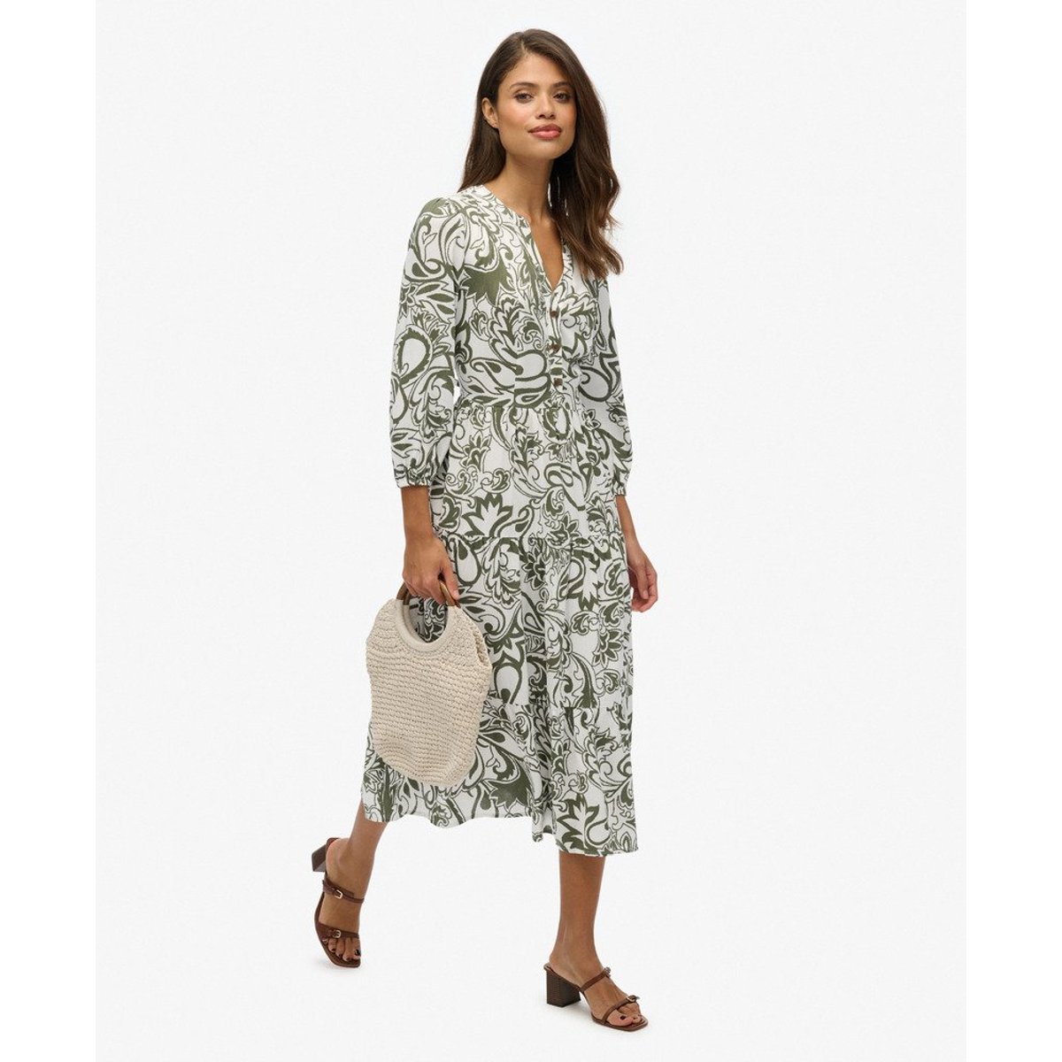 Robe mi-longue tissée à volants cachemire kaki, SUPERDRY
