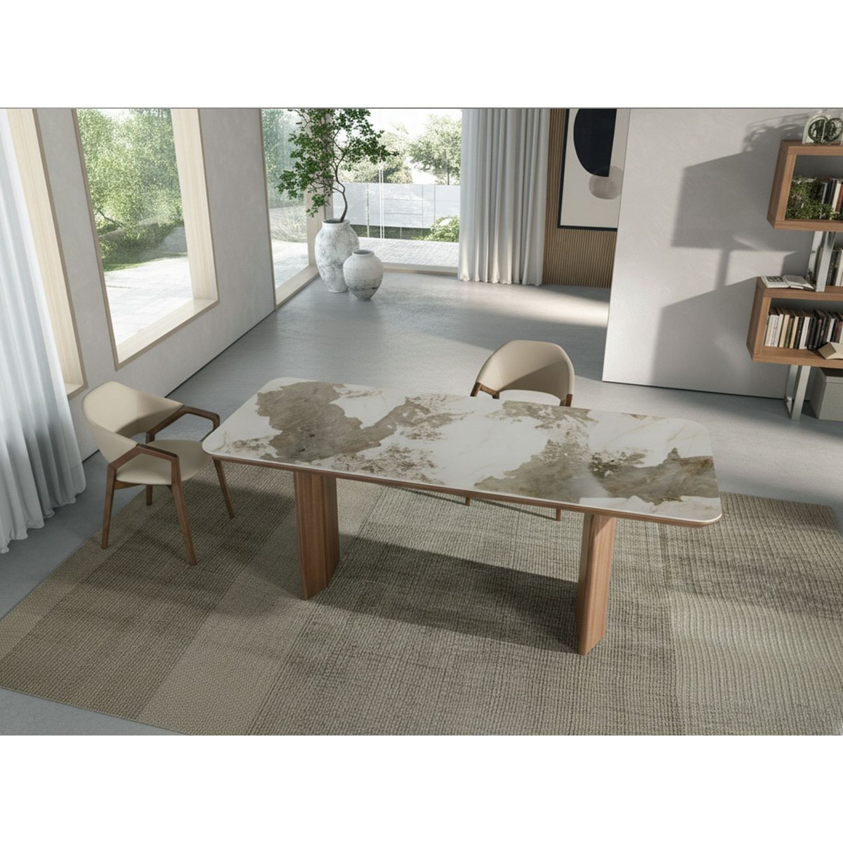 Table à manger rectangulaire marbre porcelaine et noyer blanc | noyer, ANGEL CERDA