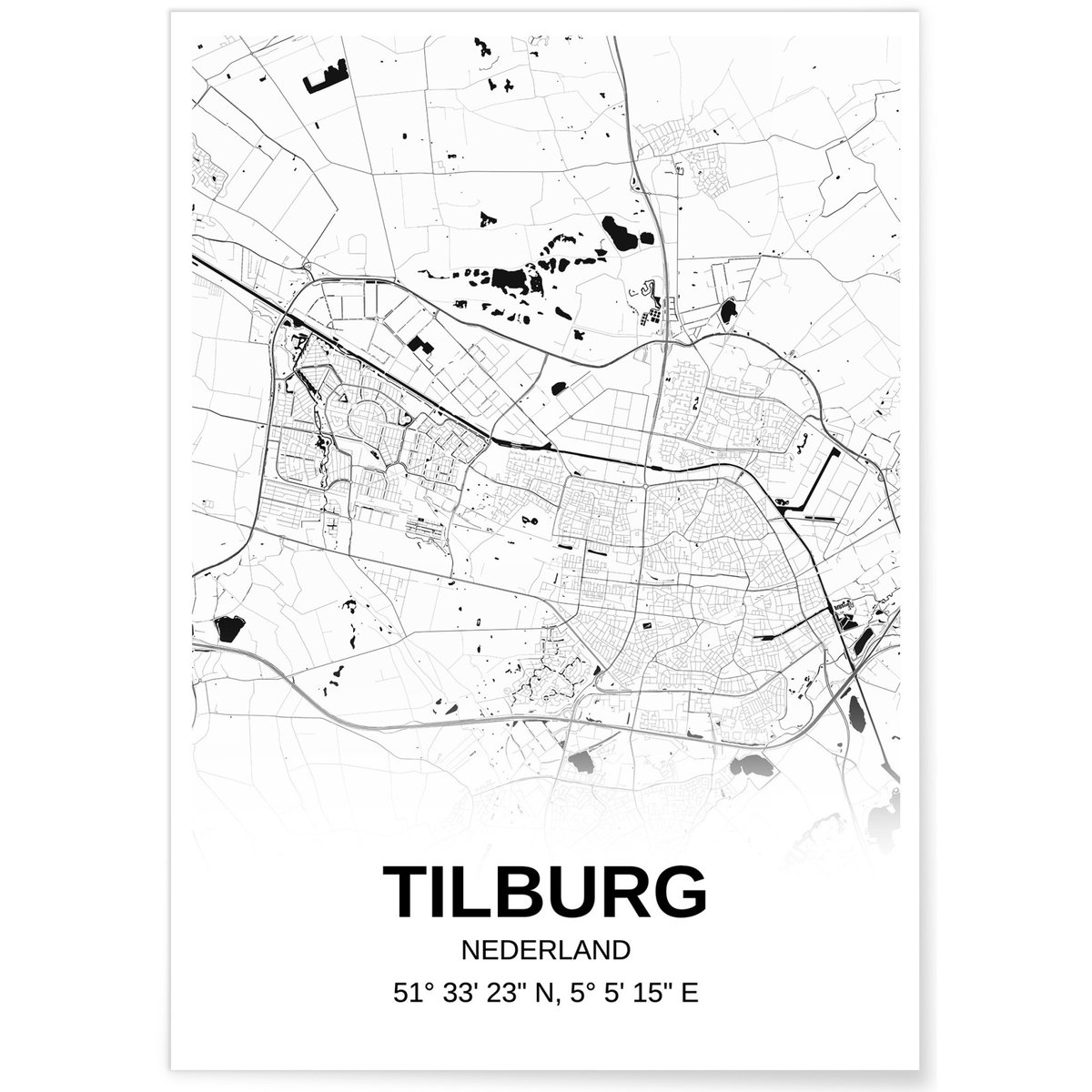 Affiche carte Tilburg - rectangle Noir et Blanc blanc, L'AFFICHERIE