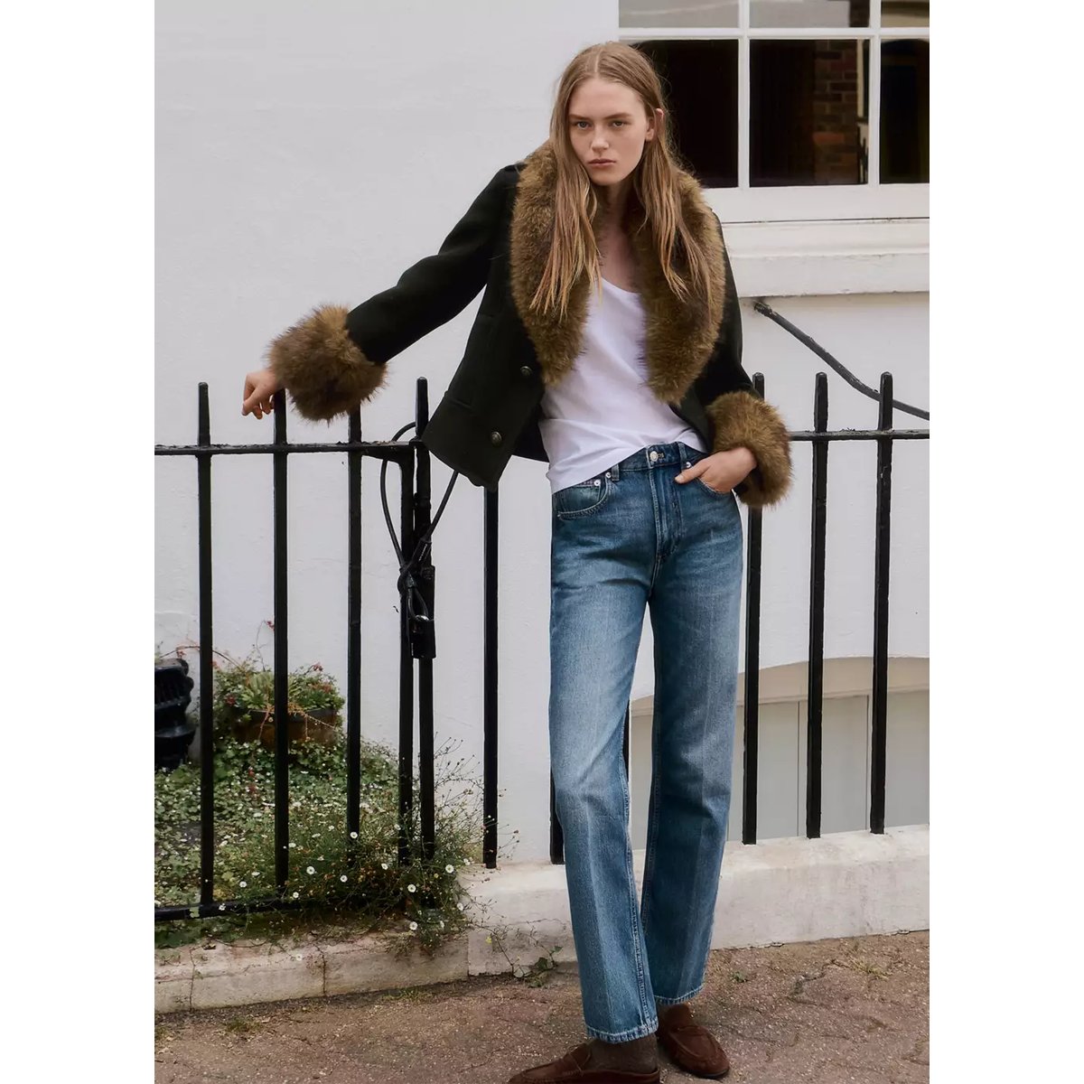 Manteau en mélange de laine avec poil amovible kaki, MANGO