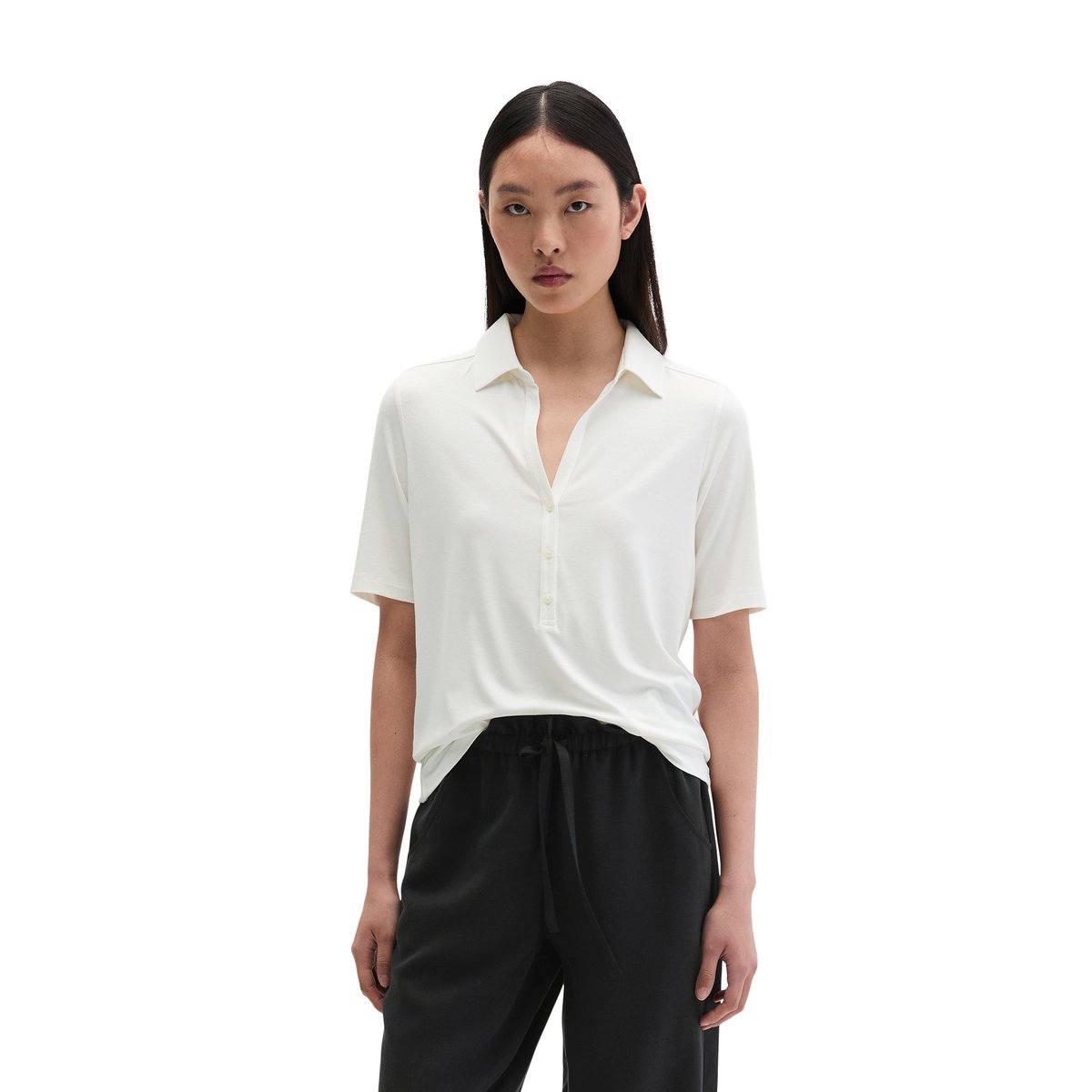 Blouse en jersey style polo regular en LENZING™ ECOVERO™ blanc naturel, MARC O'POLO