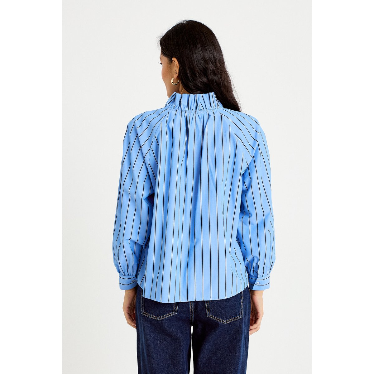 Blouse ample col montant manches longues bleu, CACHE CACHE