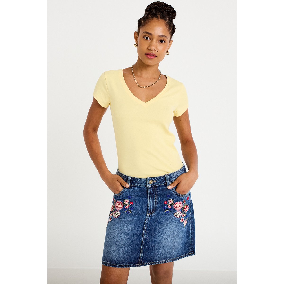 Jupe droite courte en jean denim stone, CACHE CACHE
