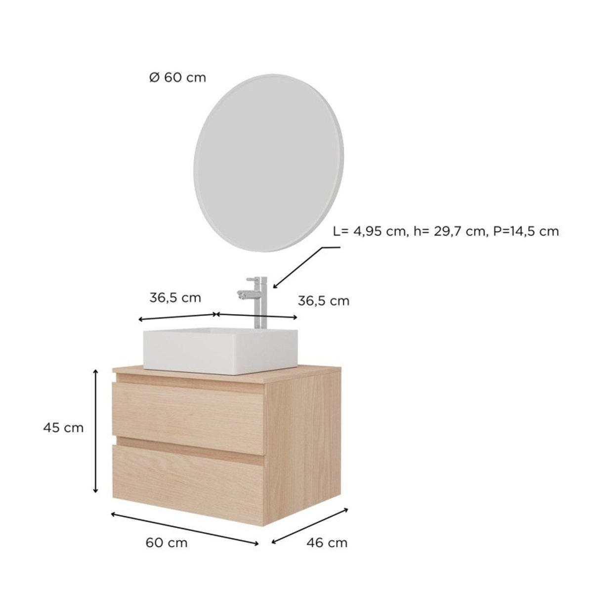 Ensemble meuble simple vasque 60cm + vasque + robinet + miroir SORRENTO chêne, MOB IN
